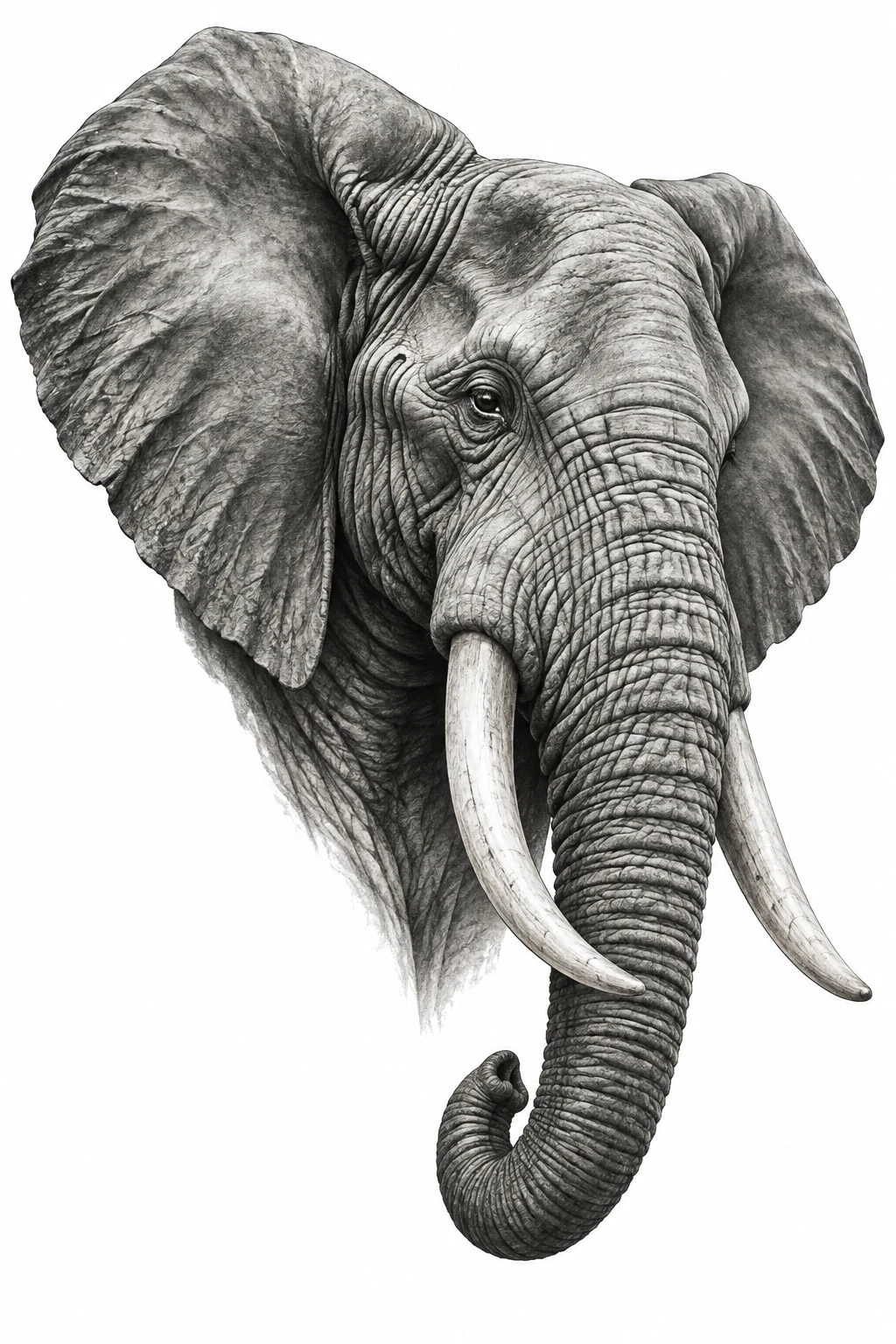 Desenho de tatuagem de Elefante africano realista em preto e cinza(1), modelo NR-0615, em preto e cinza.