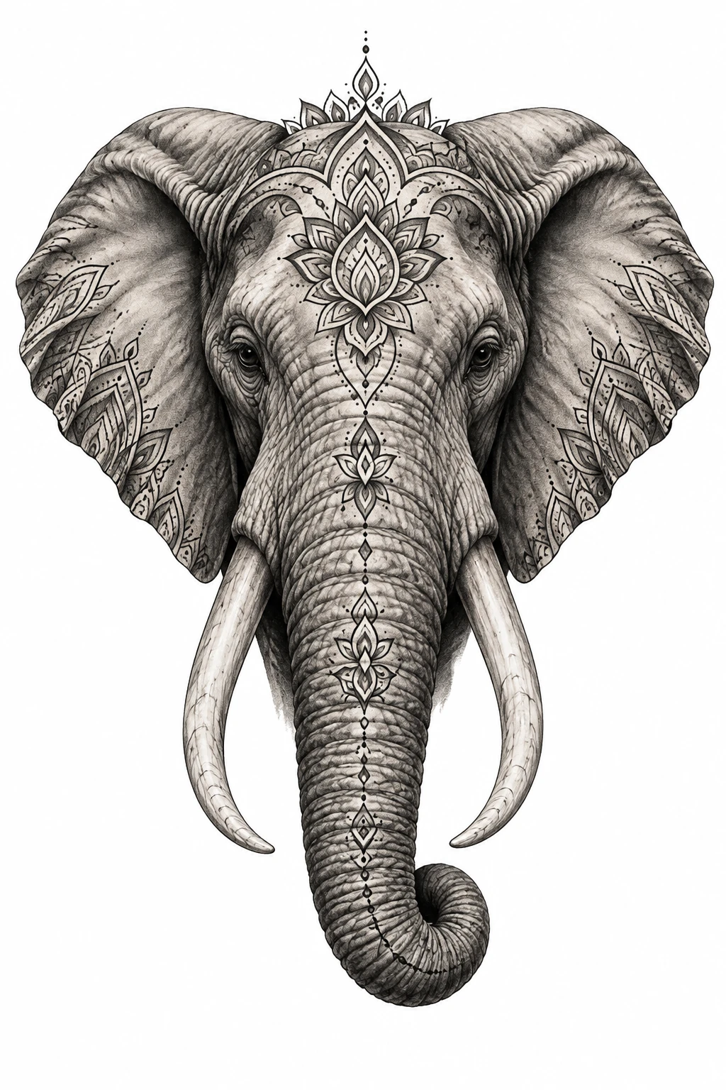 Desenho de tatuagem de Elefante realista com mandala geométrica, modelo NR-0616, em preto e cinza.