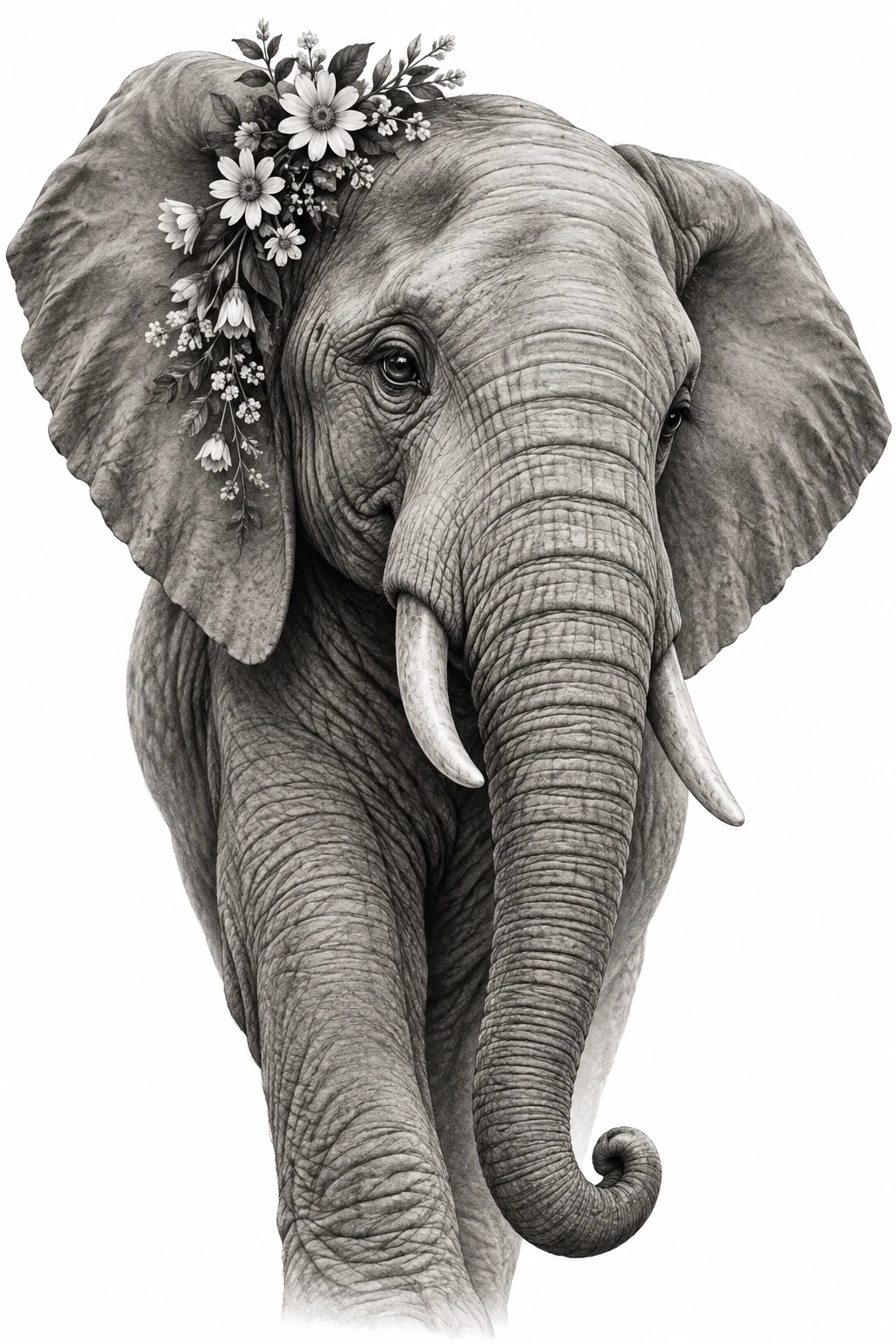 Desenho de tatuagem de Elefante sereno com flores silvestres, modelo NR-0617, em preto e cinza.