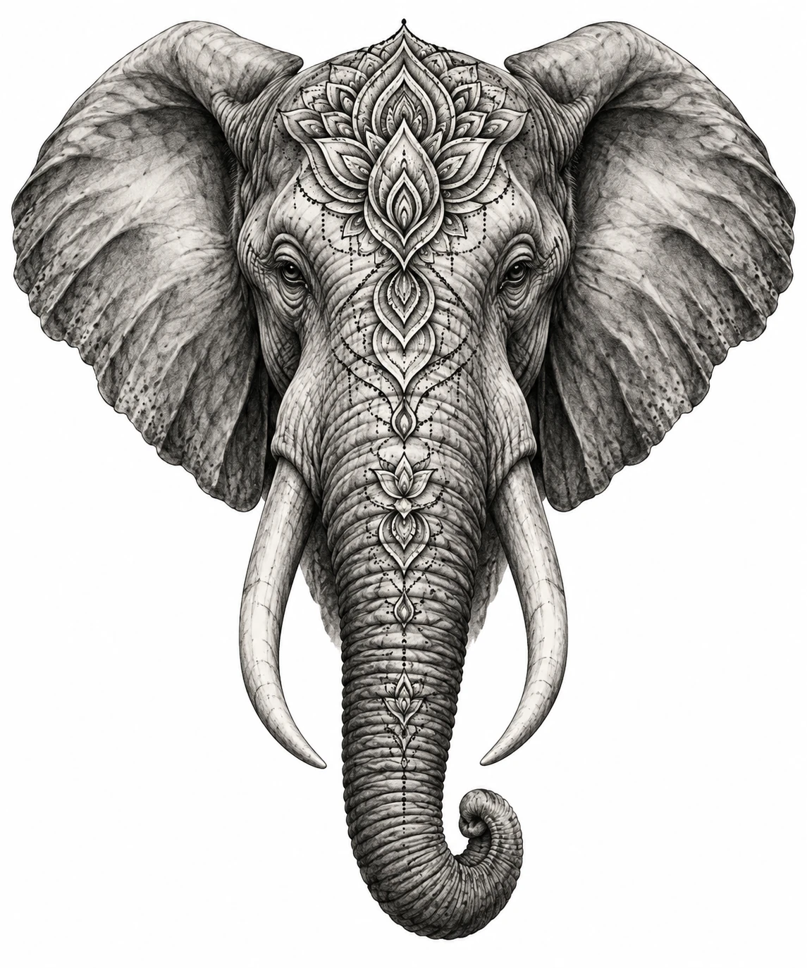 Desenho de tatuagem de Elefante sereno com mandala ornamental, modelo NR-0618, em preto e cinza.