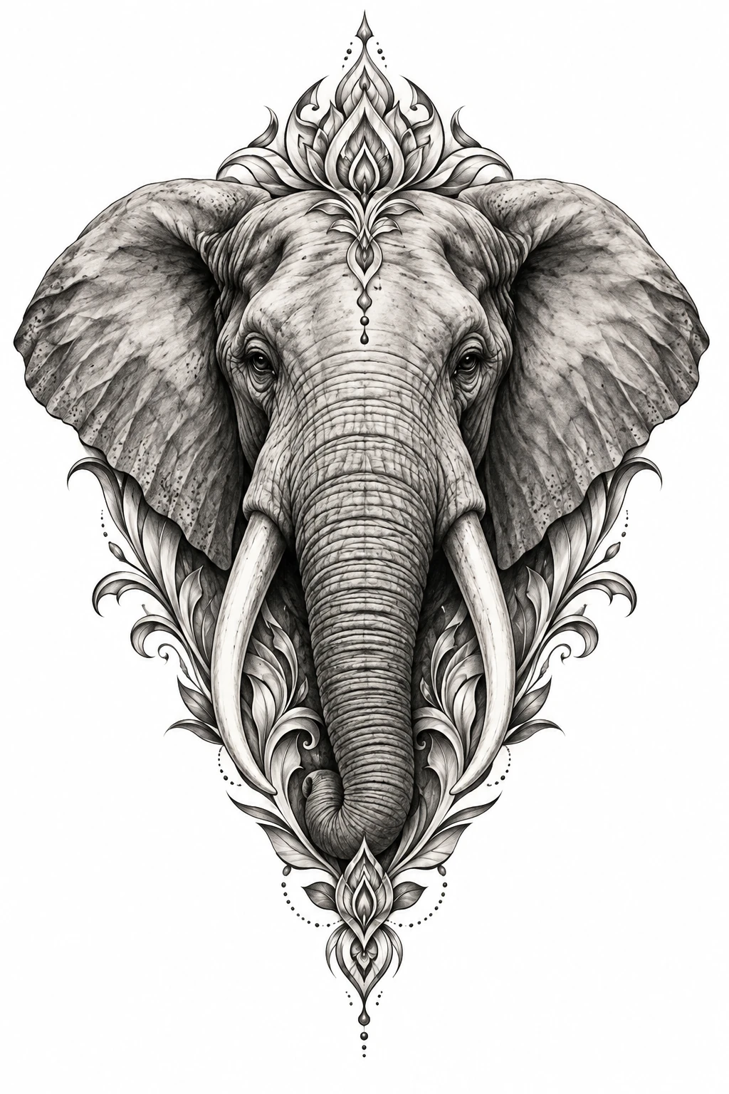 Desenho de tatuagem de Elefante sereno com moldura ornamental, modelo NR-0619, em preto e cinza.