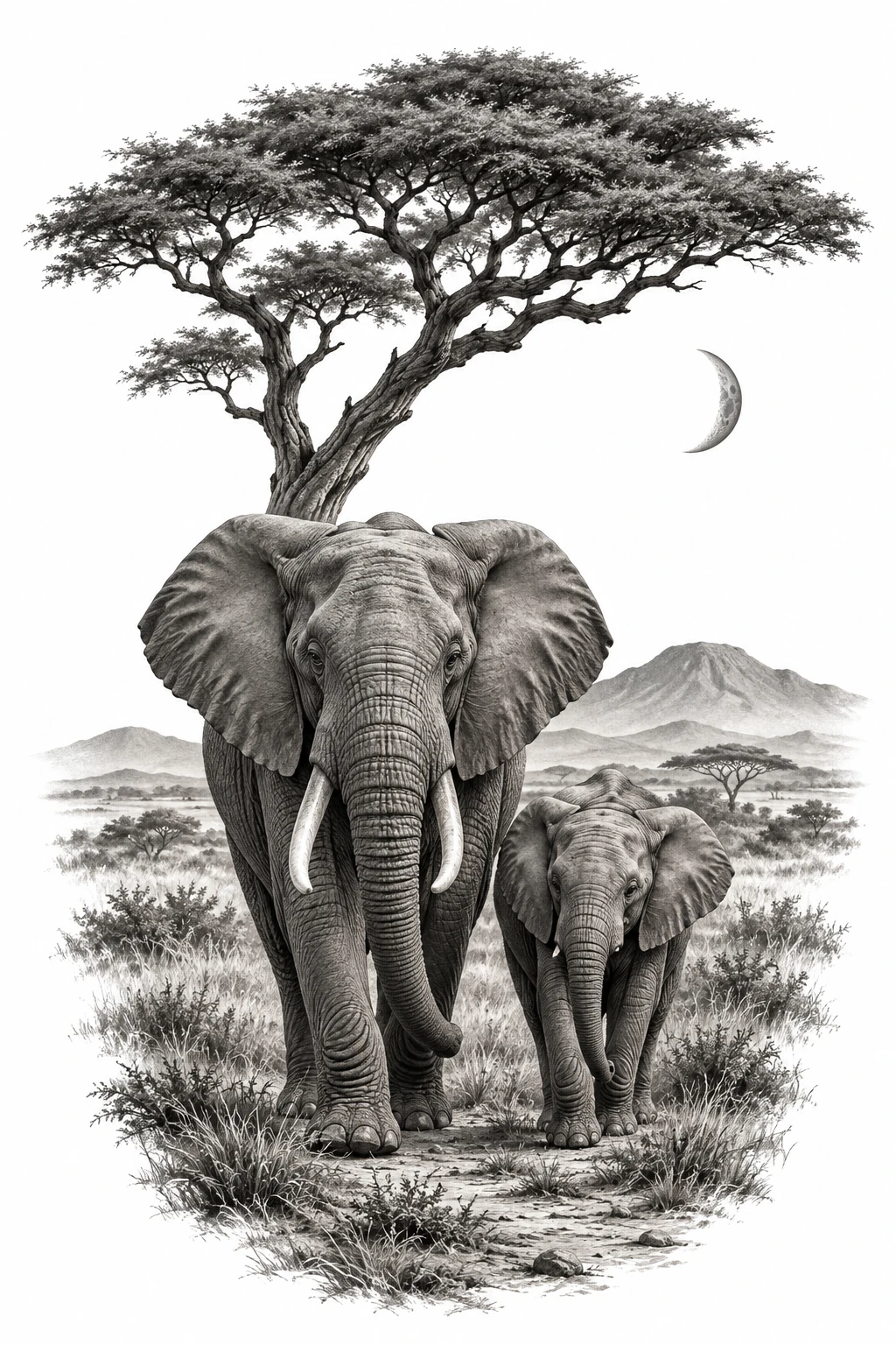 Desenho de tatuagem de Elefantes sob a acácia ao luar, modelo NR-0620, em preto e cinza.