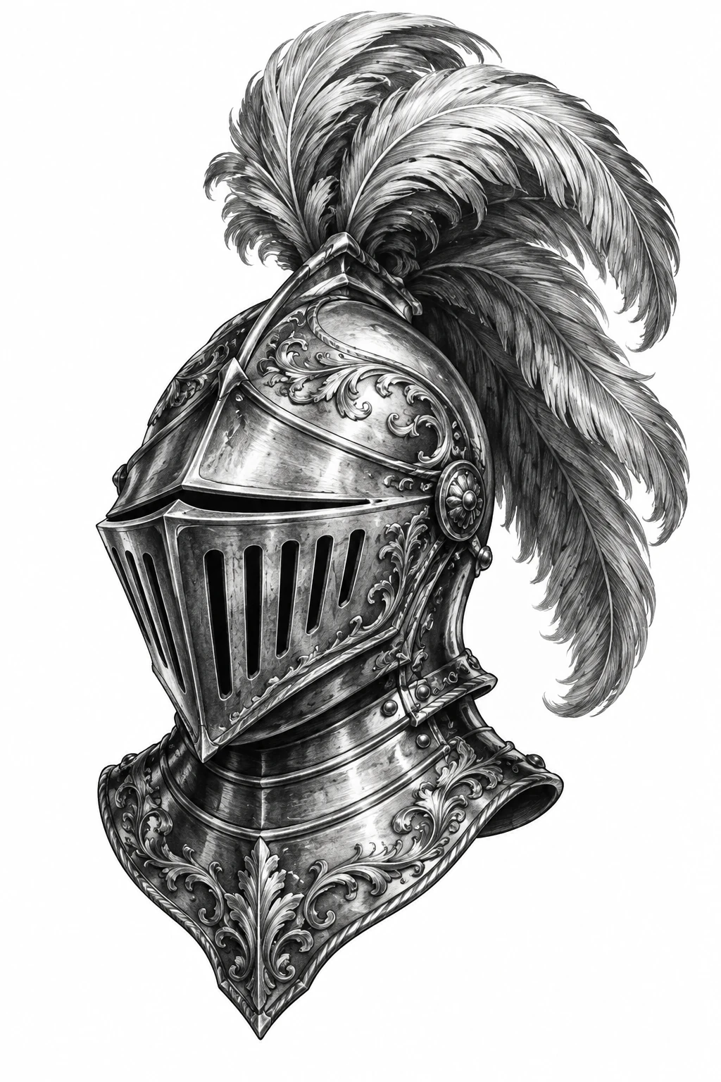 Desenho de tatuagem de Elmo medieval com viseira fechada e plumas, modelo NR-0621, em preto e cinza.
