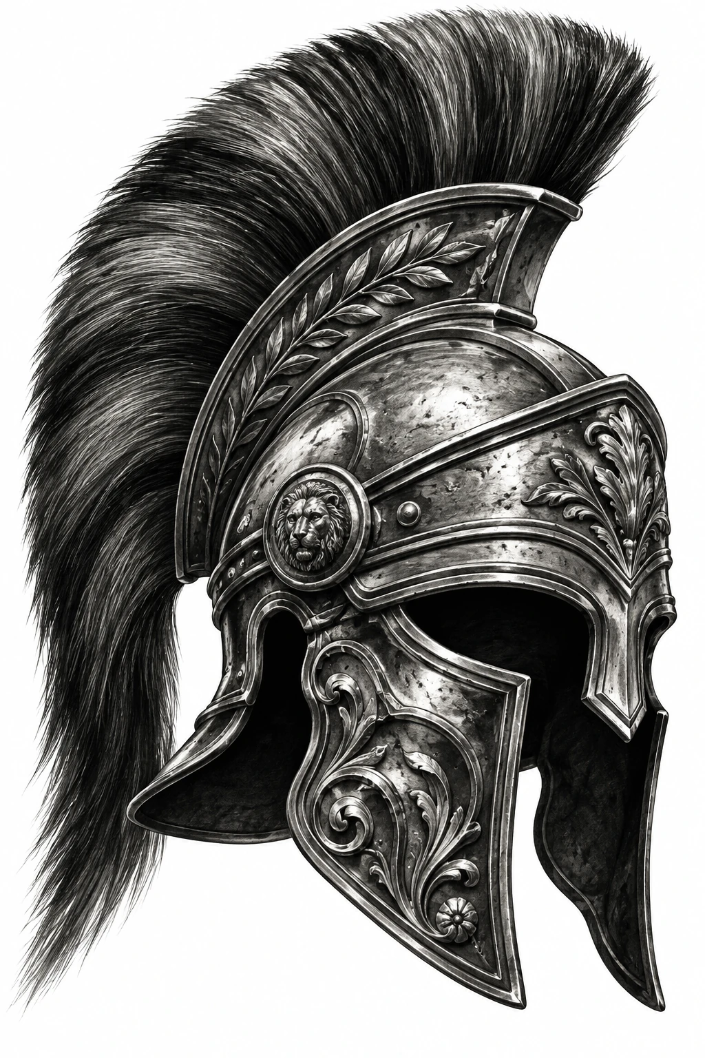 Desenho de tatuagem de Elmo romano com penacho ornamentado, modelo NR-0623, em preto e cinza.