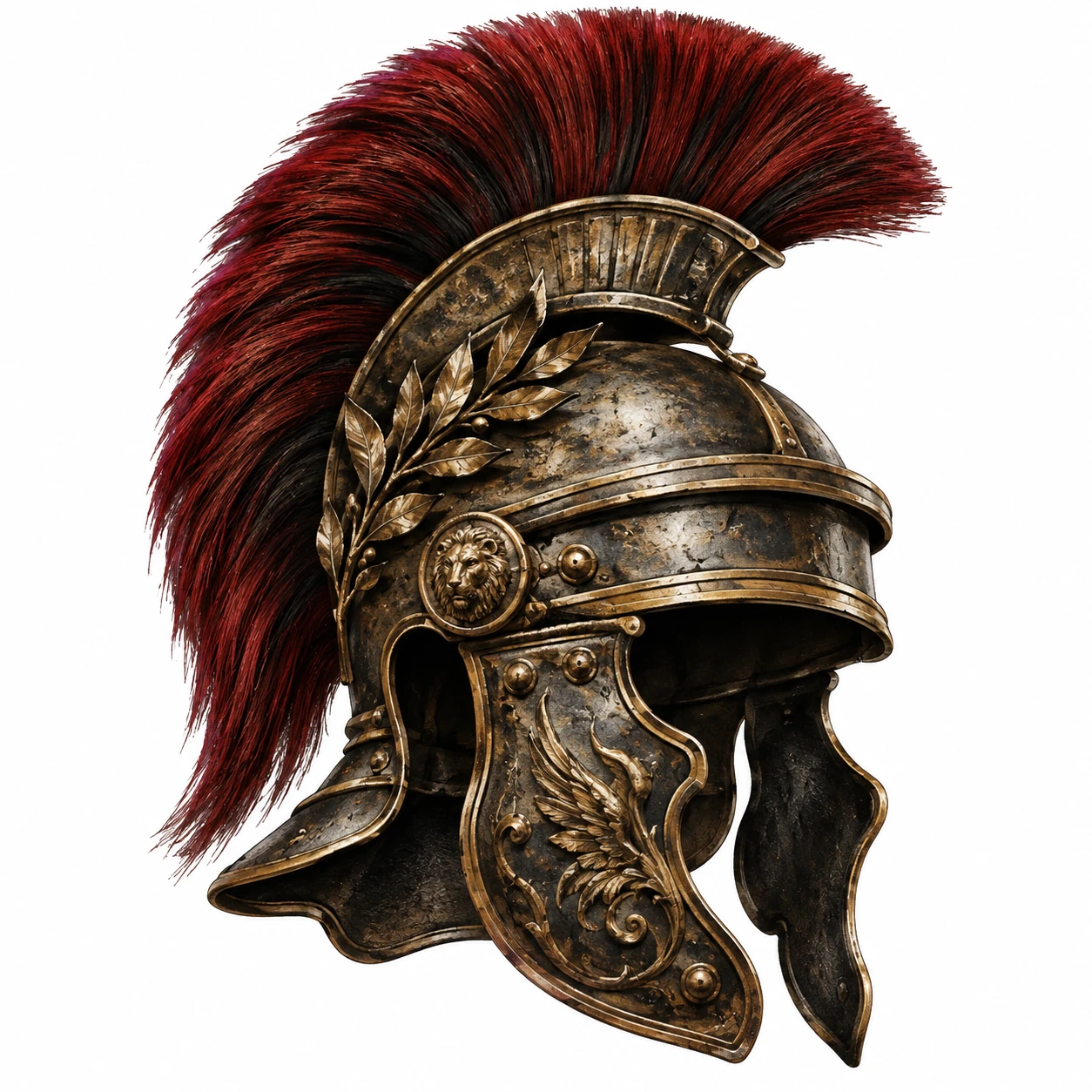 Desenho de tatuagem de Elmo romano com pluma e louros, modelo NR-0624, em preto e cinza.