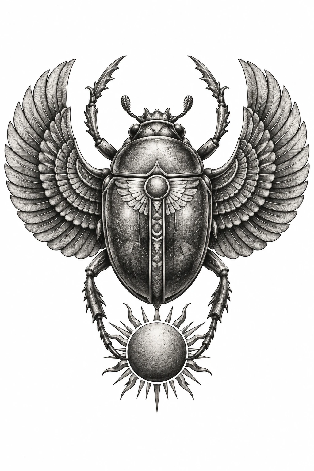 Desenho de tatuagem de Escaravelho egípcio alado sobre o sol, modelo NR-0625, em preto e cinza.