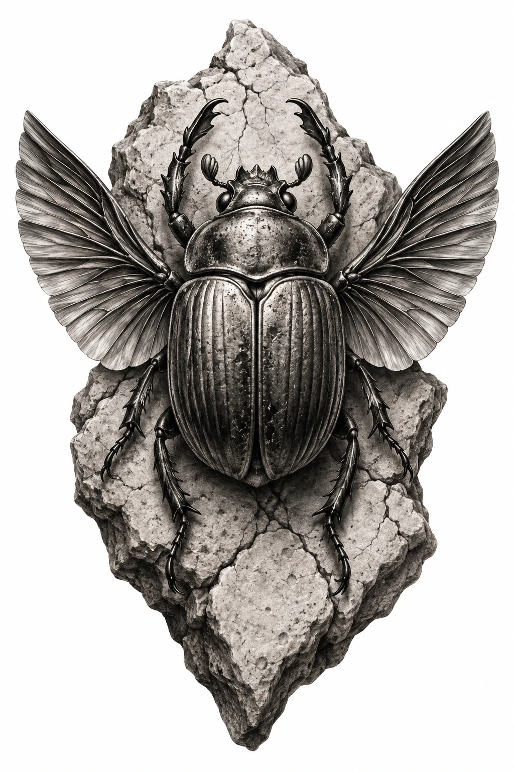 Desenho de tatuagem de Escaravelho sobre pedra desértica rachada, modelo NR-0626, em preto e cinza.
