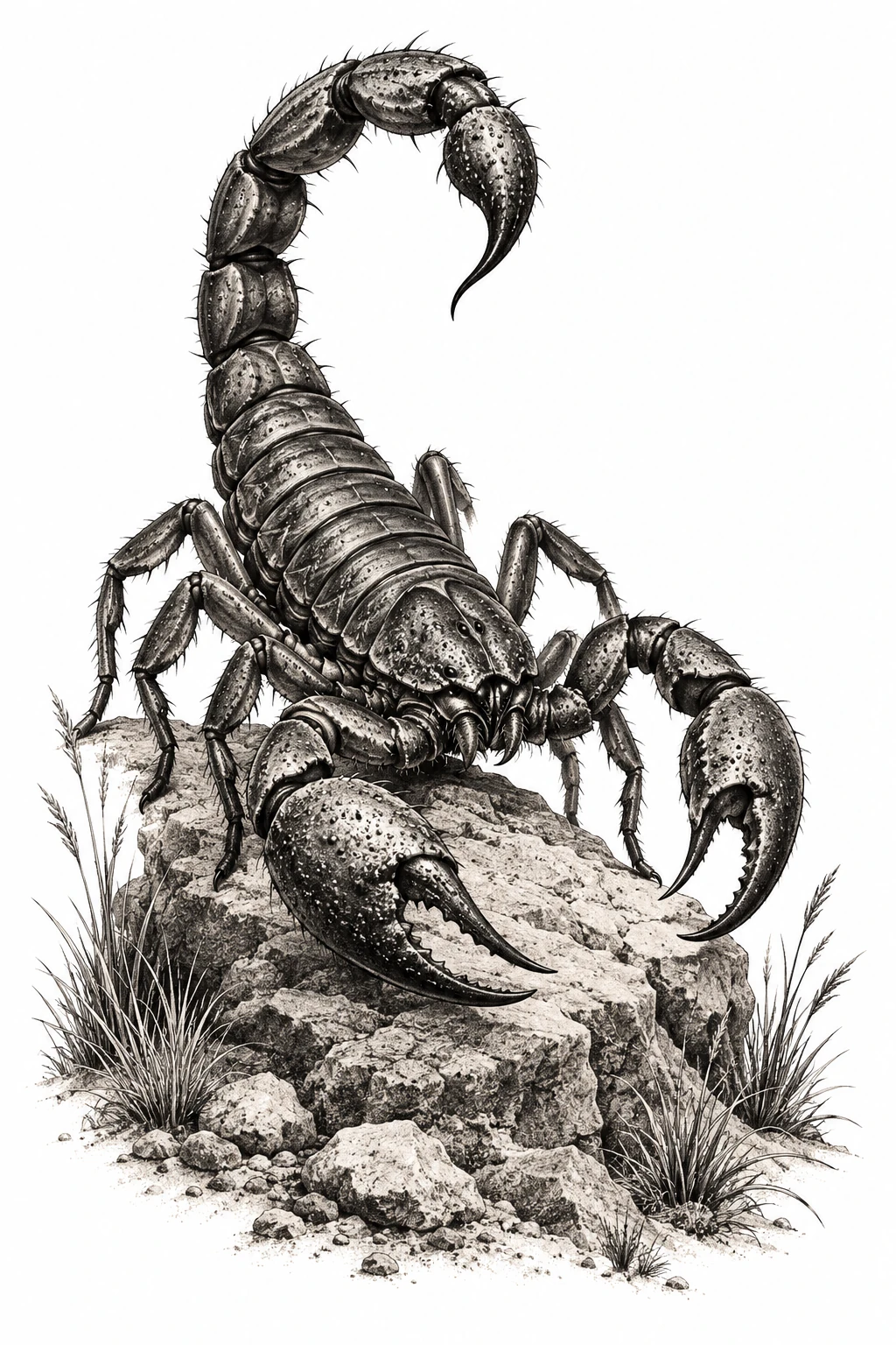 Desenho de tatuagem de Escorpião do deserto sobre pedra, modelo NR-0627, em preto e cinza.