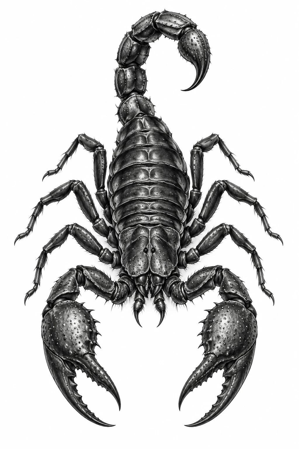 Desenho de tatuagem de Escorpião realista de cauda arqueada, modelo NR-0628, em preto e cinza.