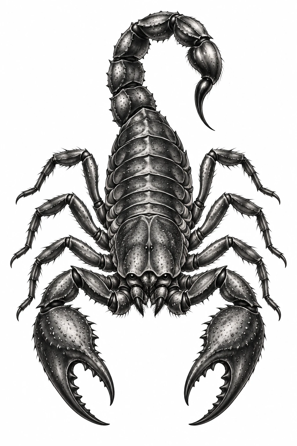 Desenho de tatuagem de Escorpião realista em preto e cinza, modelo NR-0629, em preto e cinza.