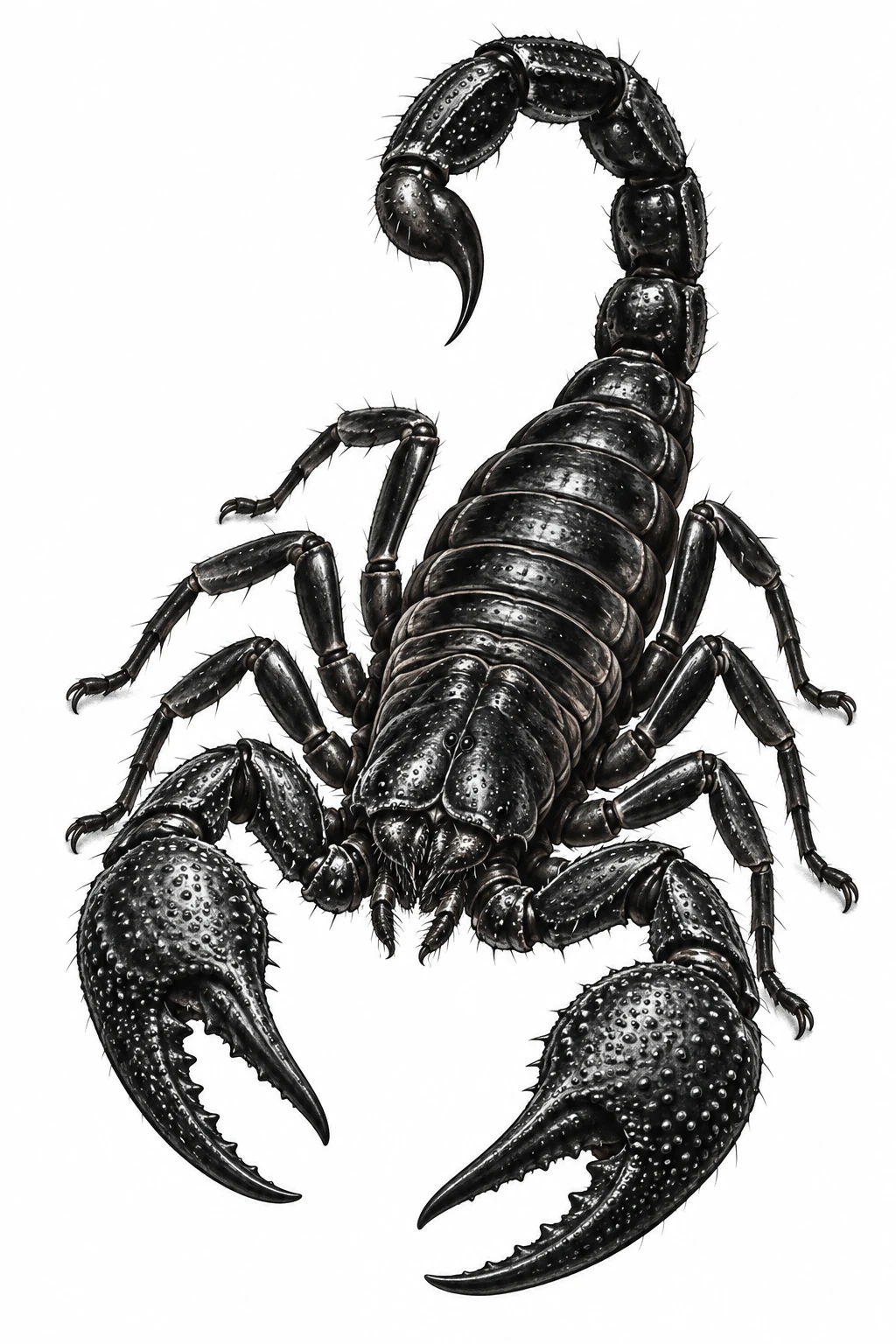 Desenho de tatuagem de Escorpião-imperador em realismo de tatuagem, modelo NR-0630, em preto e cinza.
