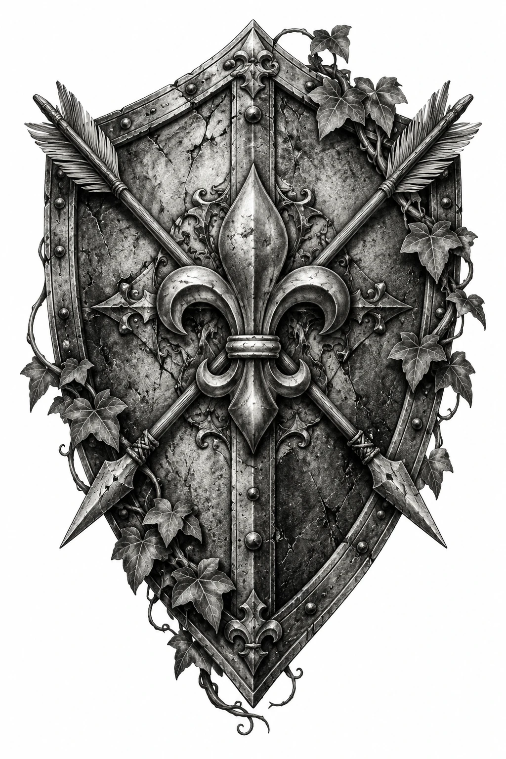 Desenho de tatuagem de Escudo medieval com brasão, flechas e hera, modelo NR-0631, em preto e cinza.