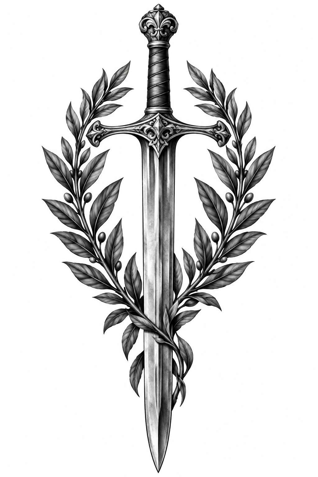 Desenho de tatuagem de Espada medieval entre ramos de louro, modelo NR-0633, em preto e cinza.