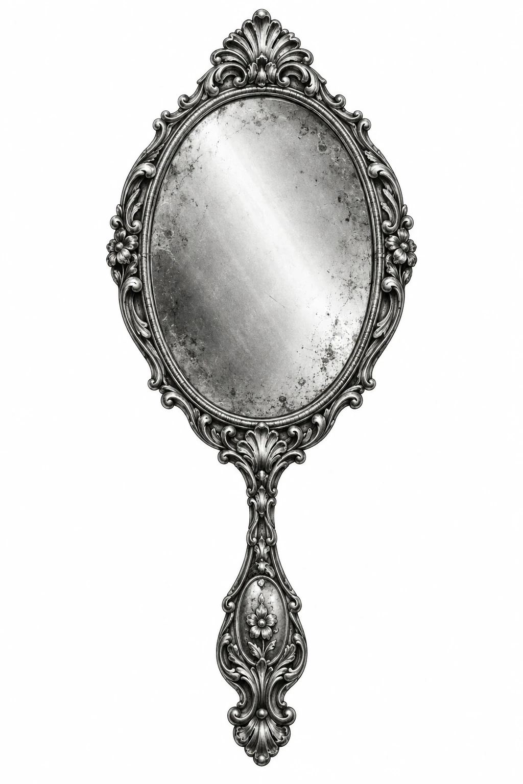 Desenho de tatuagem de Espelho antigo com cabo esculpido, modelo NR-0634, em preto e cinza.