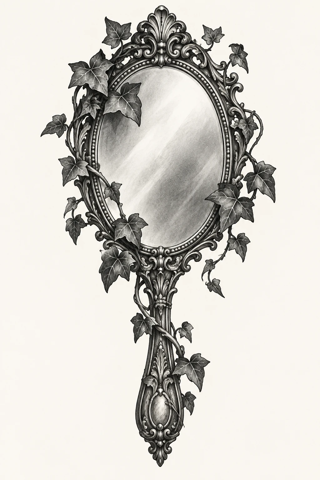 Desenho de tatuagem de Espelho antigo com folhas de hera, modelo NR-0635, em preto e cinza.