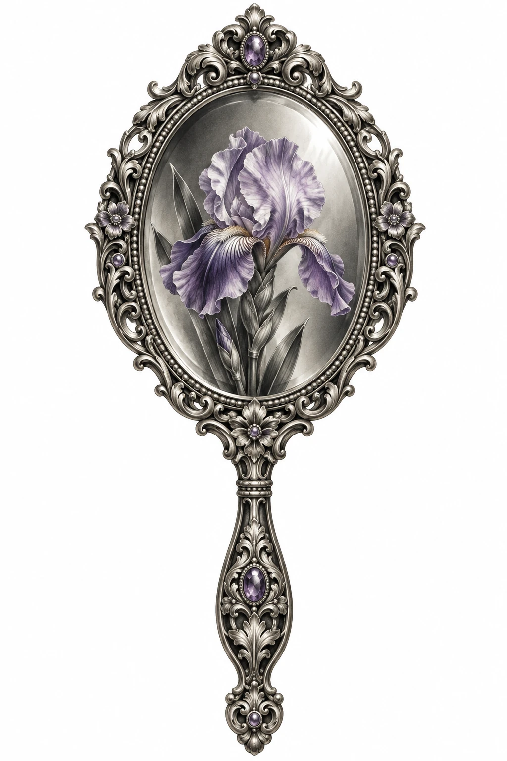 Desenho de tatuagem de Espelho oval com íris e filigrana, modelo NR-0637, em preto e cinza.