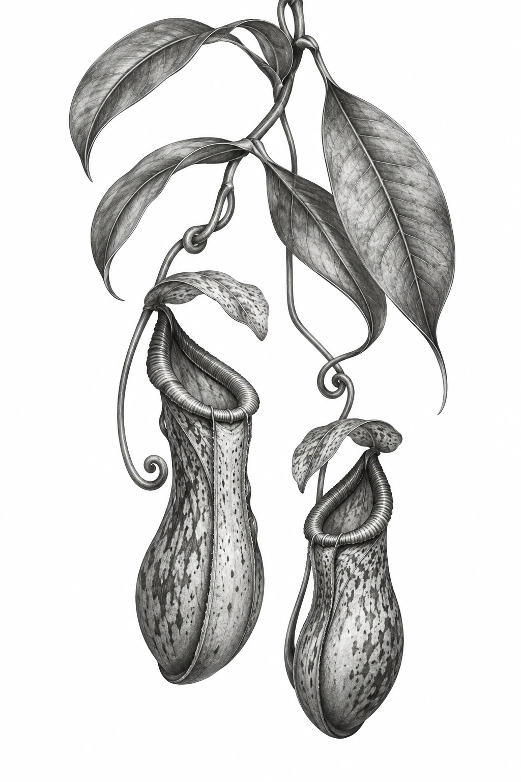 Desenho de tatuagem de Estudo botânico da planta-jarro tropical, modelo NR-0639, em preto e cinza.