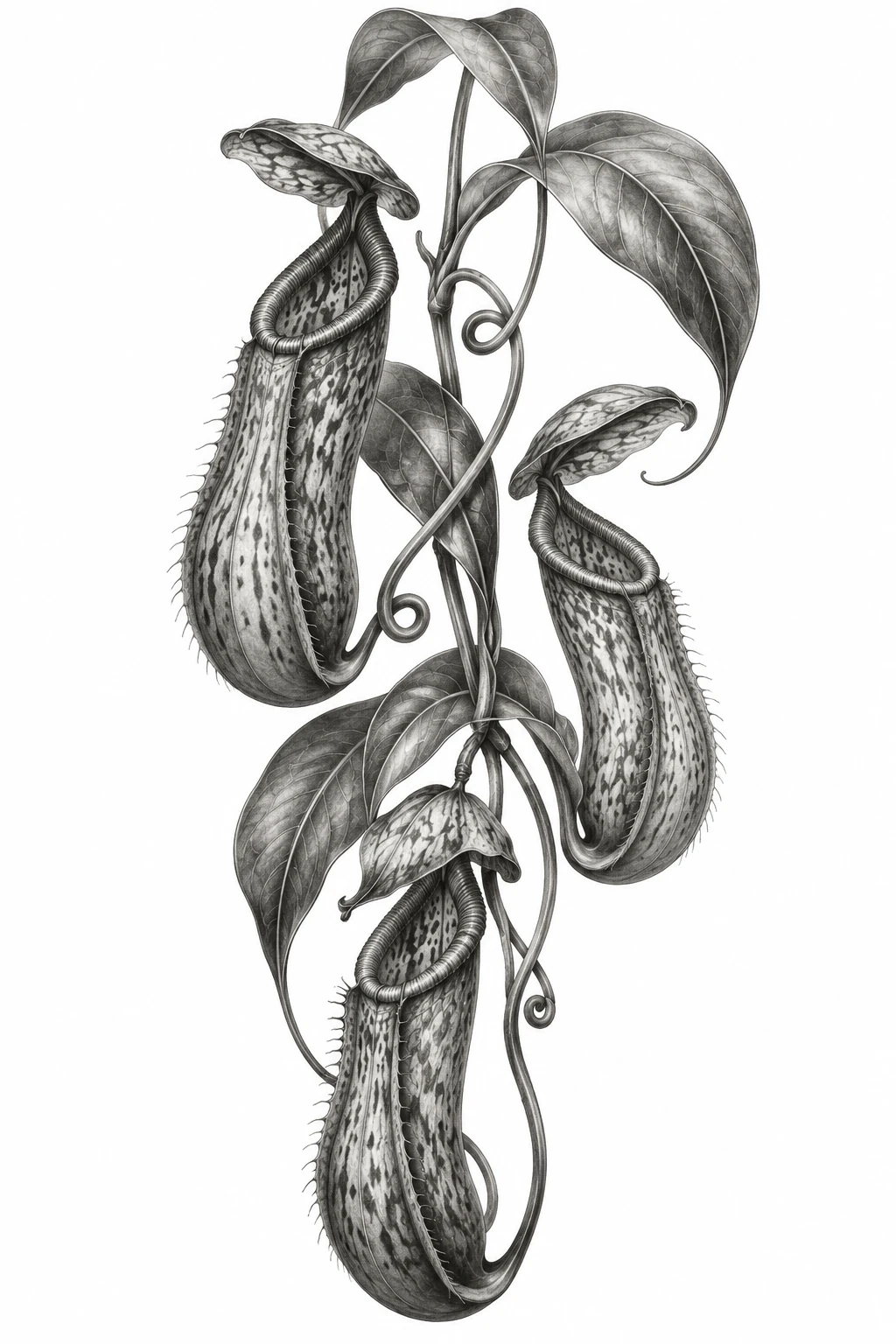Desenho de tatuagem de Estudo botânico de planta carnívora, modelo NR-0640, em preto e cinza.