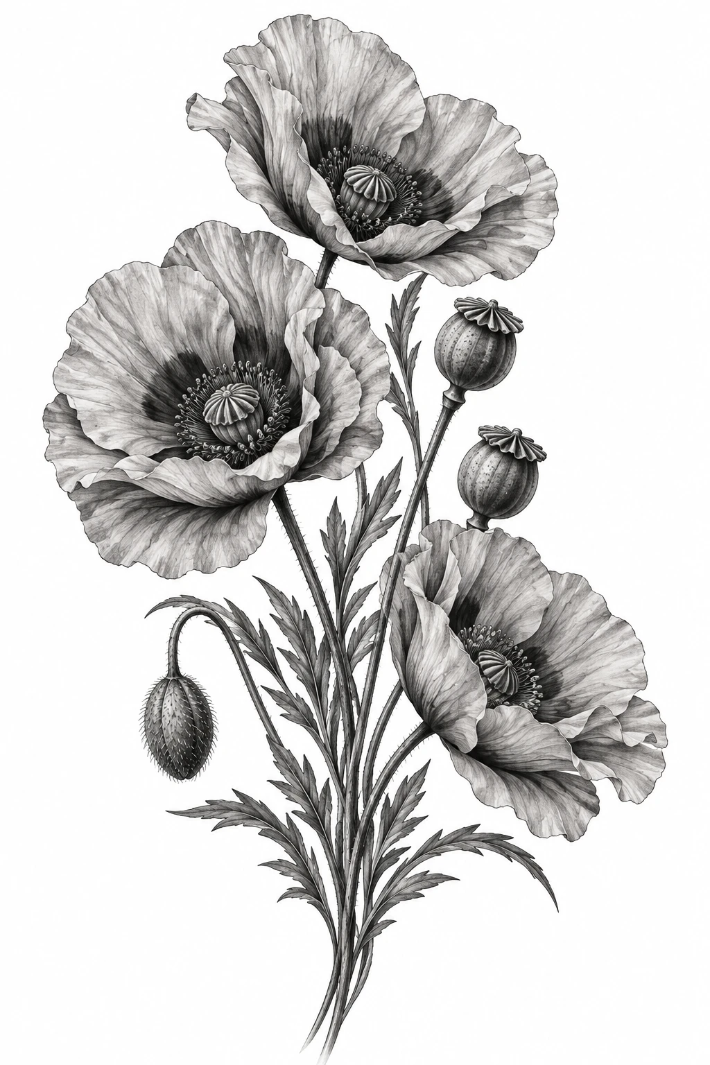 Desenho de tatuagem de Estudo botânico de três papoulas, modelo NR-0641, em preto e cinza.