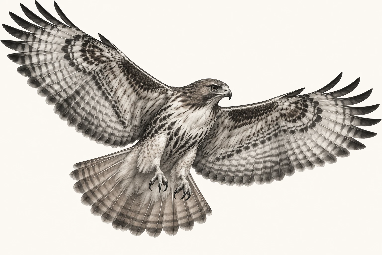 Desenho de tatuagem de Falcão-de-cauda-vermelha em voo(1), modelo NR-0642, em preto e cinza.