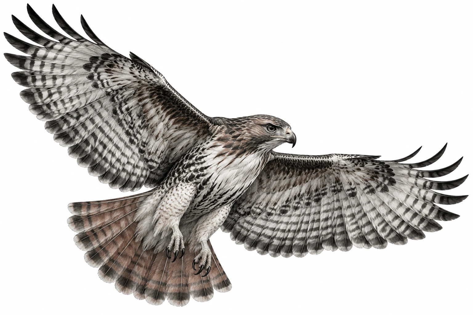 Desenho de tatuagem de Falcão-de-cauda-vermelha em voo, modelo NR-0643, em preto e cinza.