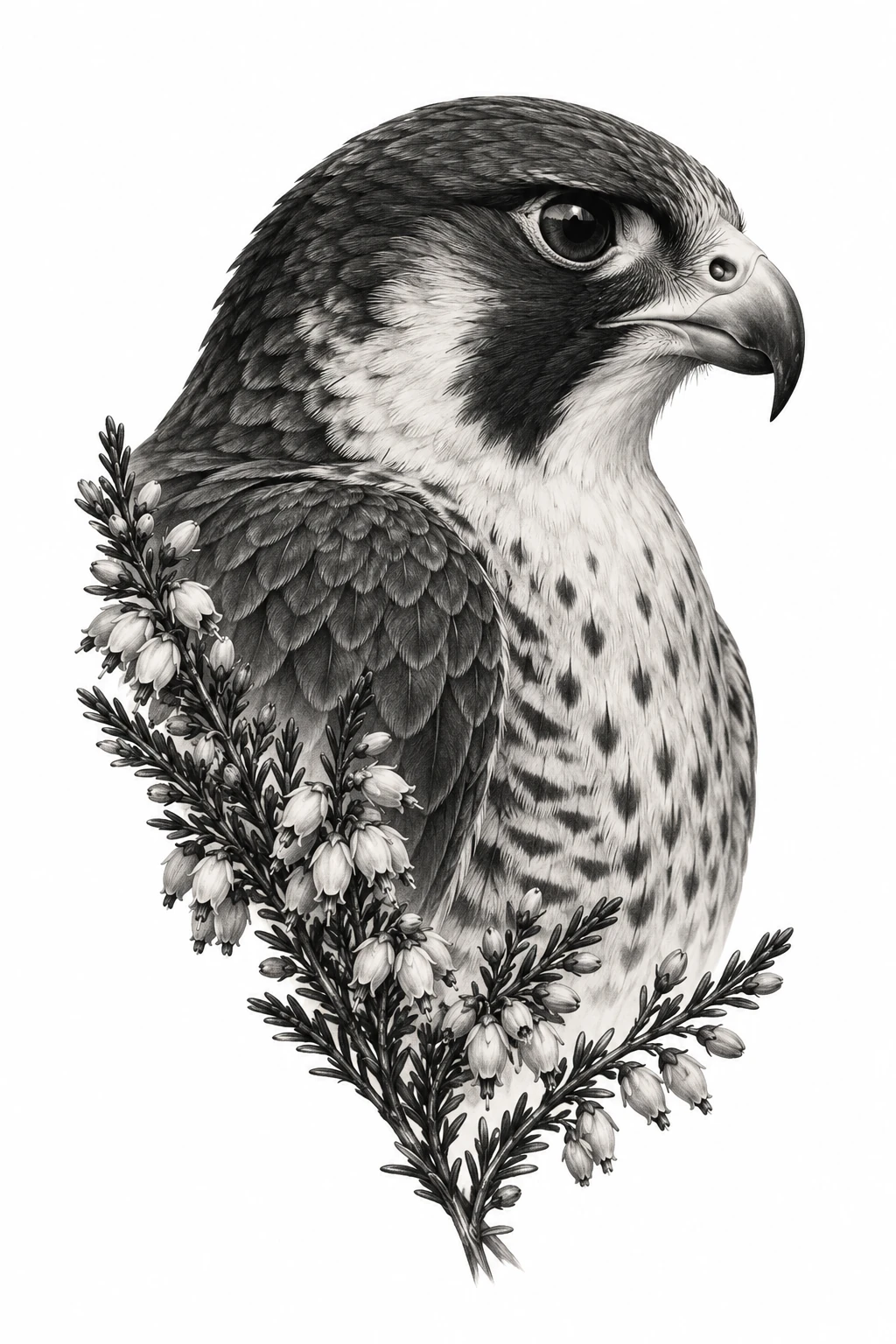 Desenho de tatuagem de Falcão-peregrino com urze da montanha, modelo NR-0644, em preto e cinza.