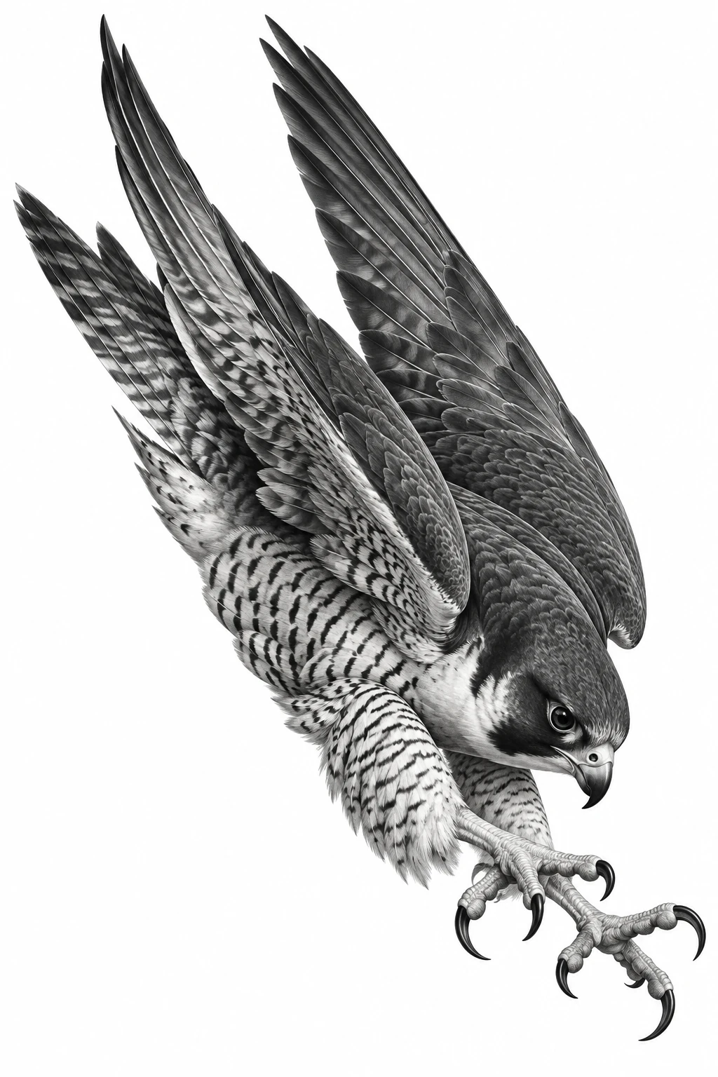 Desenho de tatuagem de Falcão-peregrino em mergulho veloz, modelo NR-0645, em preto e cinza.