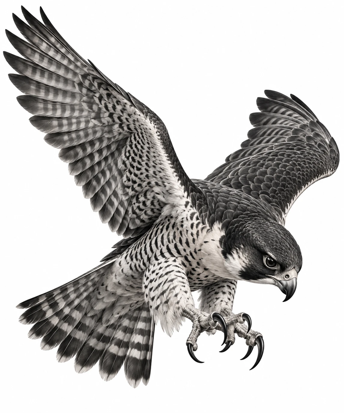Desenho de tatuagem de Falcão-peregrino em mergulho, modelo NR-0646, em preto e cinza.