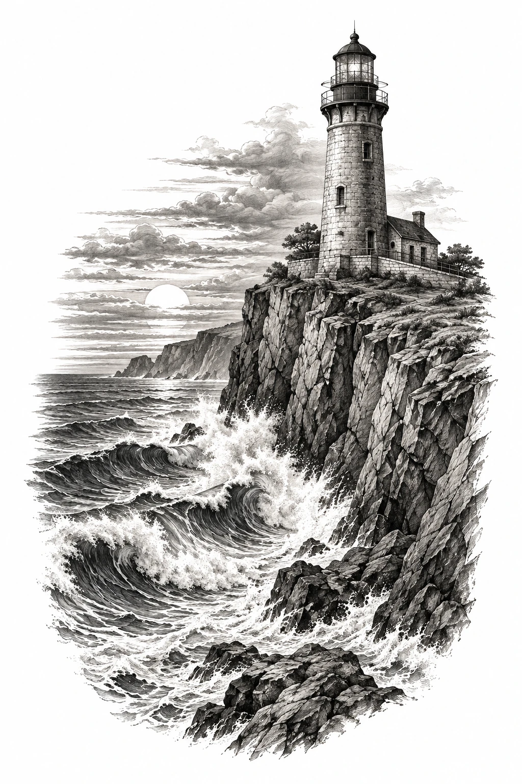 Desenho de tatuagem de Farol antigo sobre falésias e ondas, modelo NR-0647, em preto e cinza.