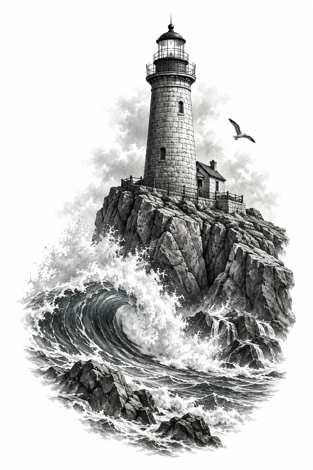 Desenho de tatuagem de Farol clássico, falésia e onda, modelo NR-0648, em preto e cinza.