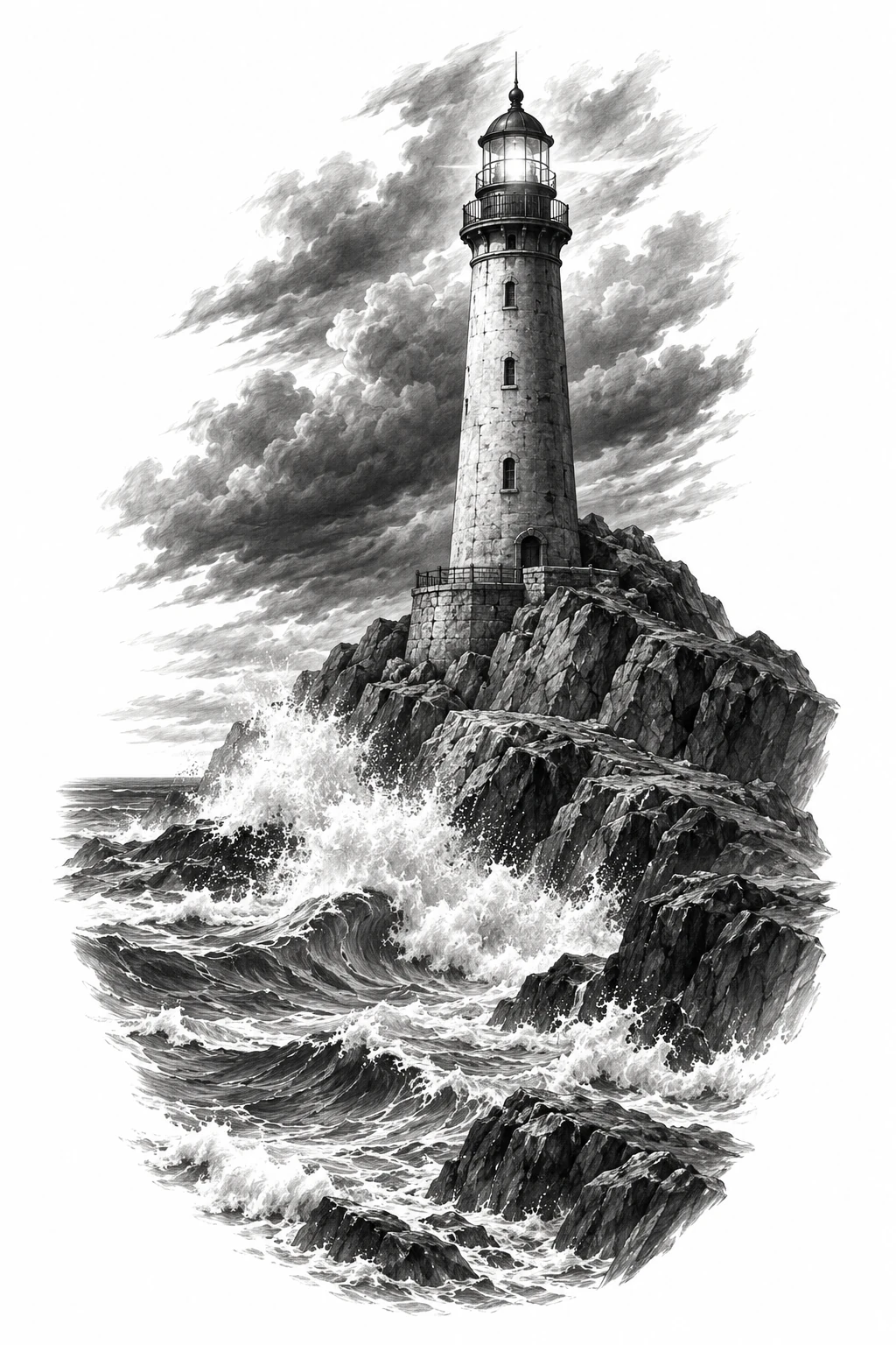 Desenho de tatuagem de Farol costeiro entre rochas e ondas, modelo NR-0649, em preto e cinza.