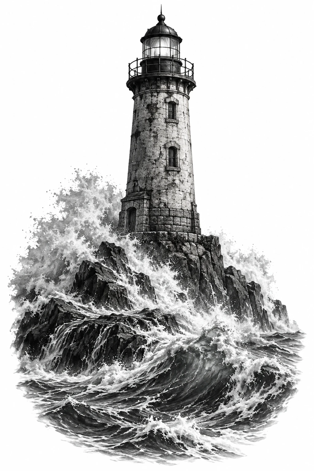 Desenho de tatuagem de Farol desgastado sobre ondas revoltas, modelo NR-0650, em preto e cinza.