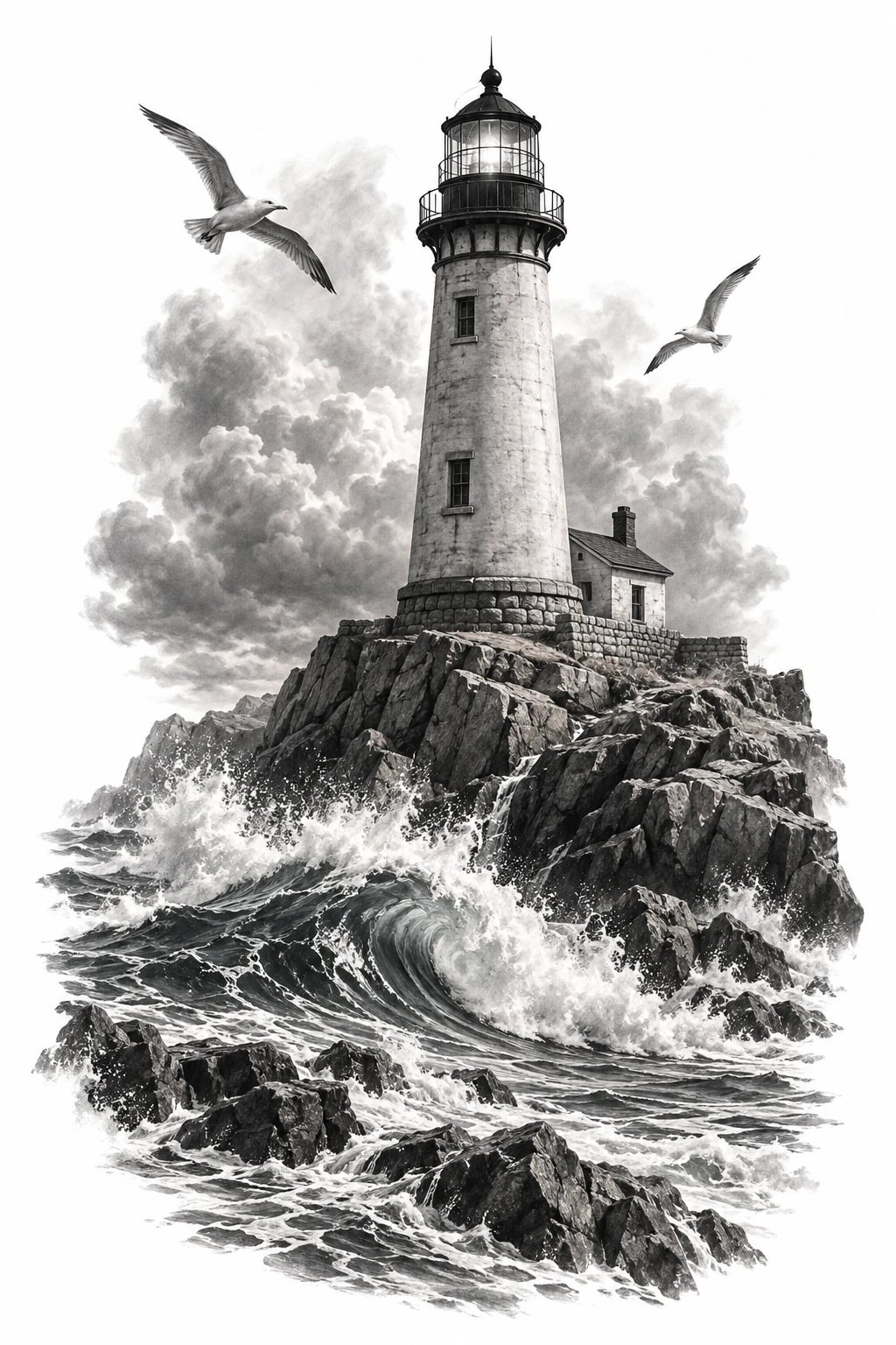 Desenho de tatuagem de Farol entre ondas e gaivotas, modelo NR-0651, em preto e cinza.