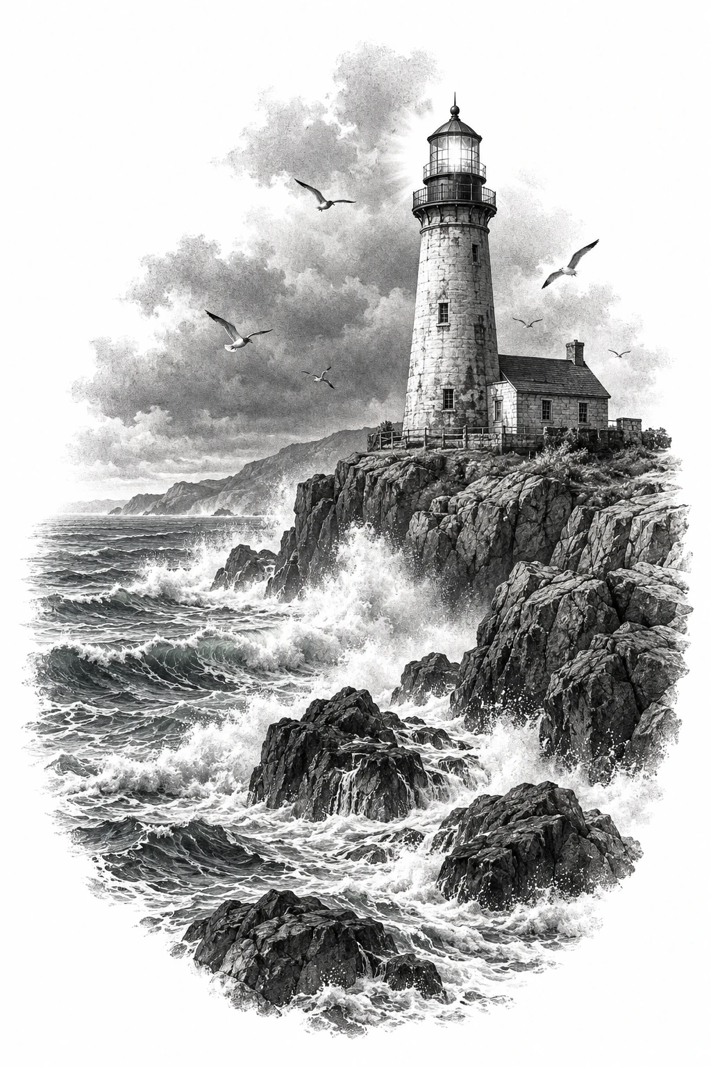Desenho de tatuagem de Farol entre ondas e rochedos, modelo NR-0652, em preto e cinza.