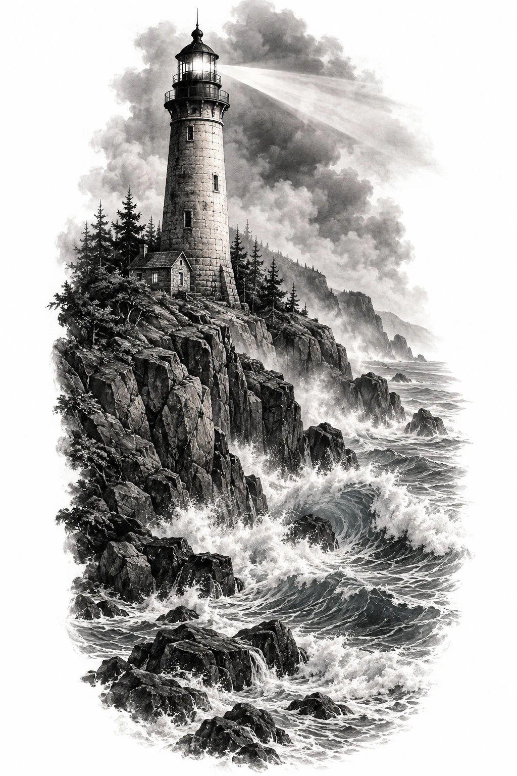 Desenho de tatuagem de Farol na falésia, ondas e névoa, modelo NR-0653, em preto e cinza.
