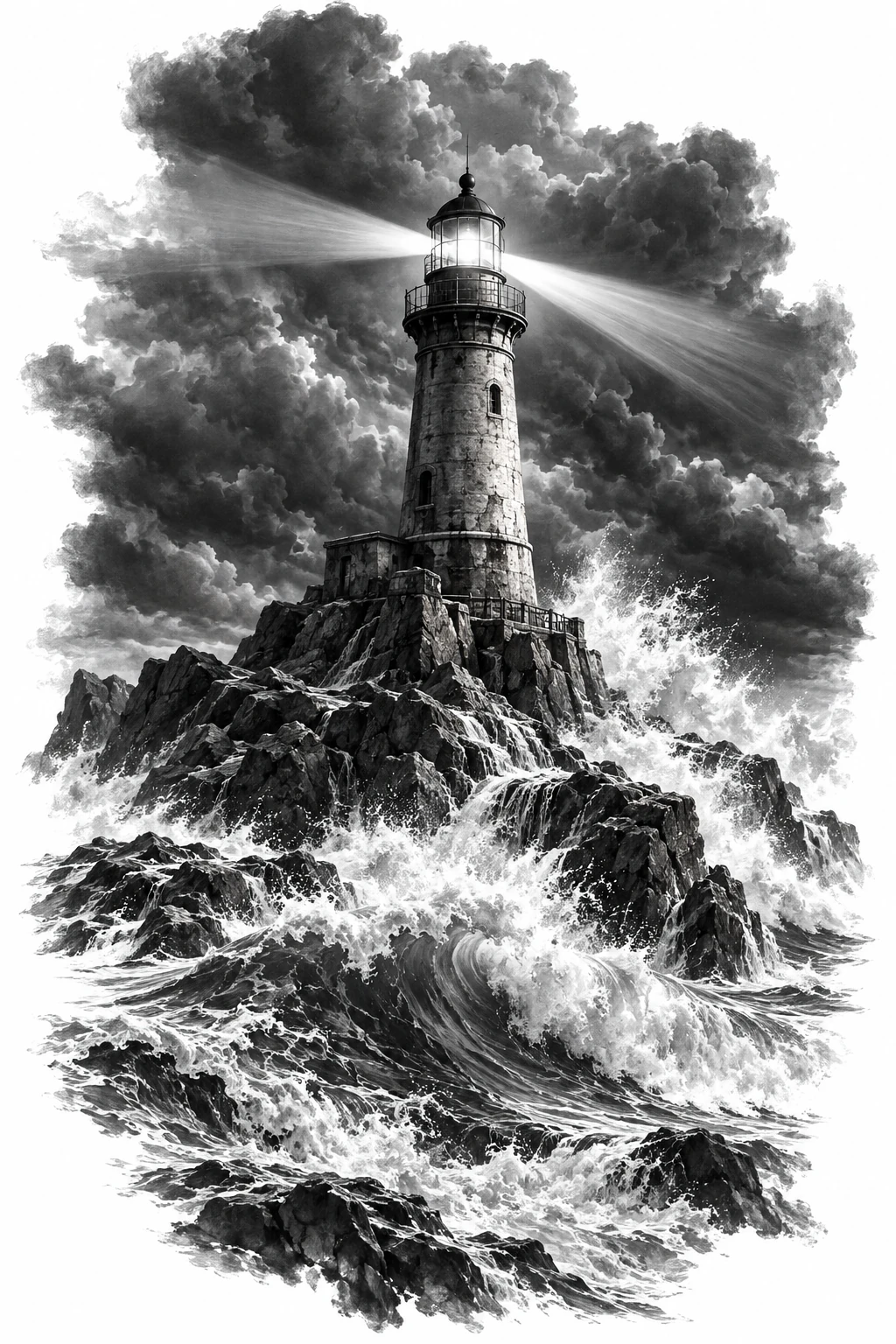 Desenho de tatuagem de Farol na tempestade sobre rochedos, modelo NR-0654, em preto e cinza.