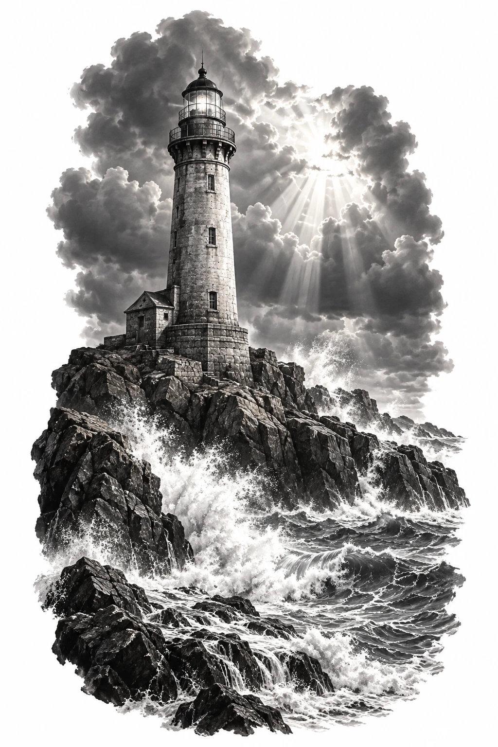Desenho de tatuagem de Farol solitário entre ondas e rochas(1), modelo NR-0655, em preto e cinza.