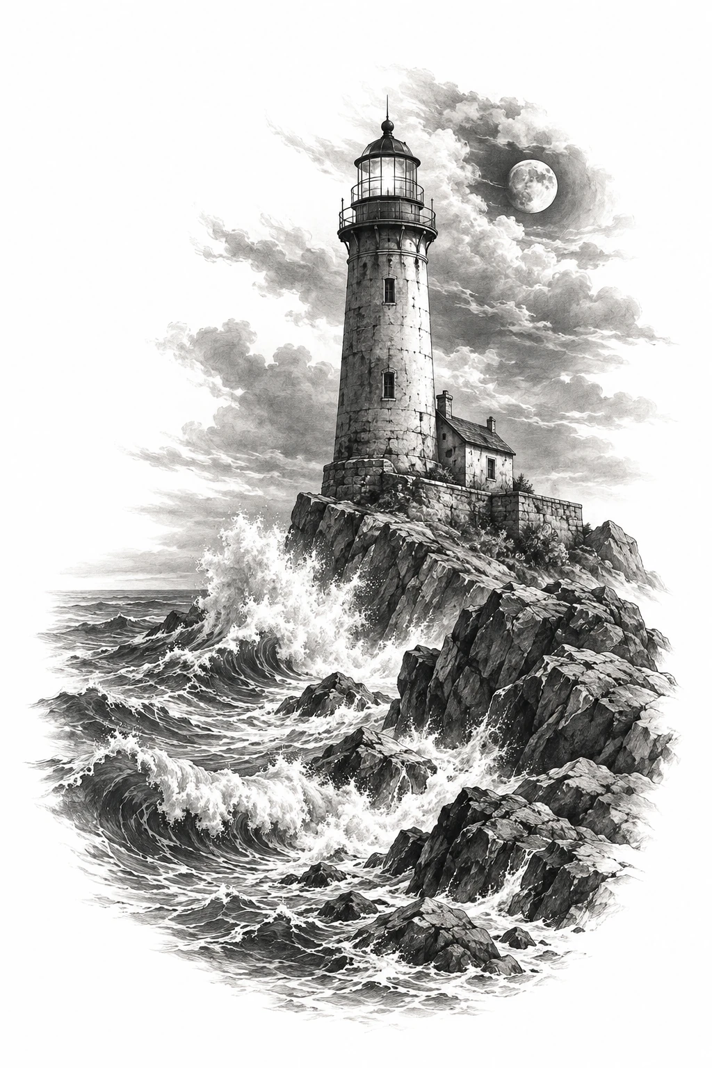 Desenho de tatuagem de Farol solitário entre rochas e mar, modelo NR-0656, em preto e cinza.