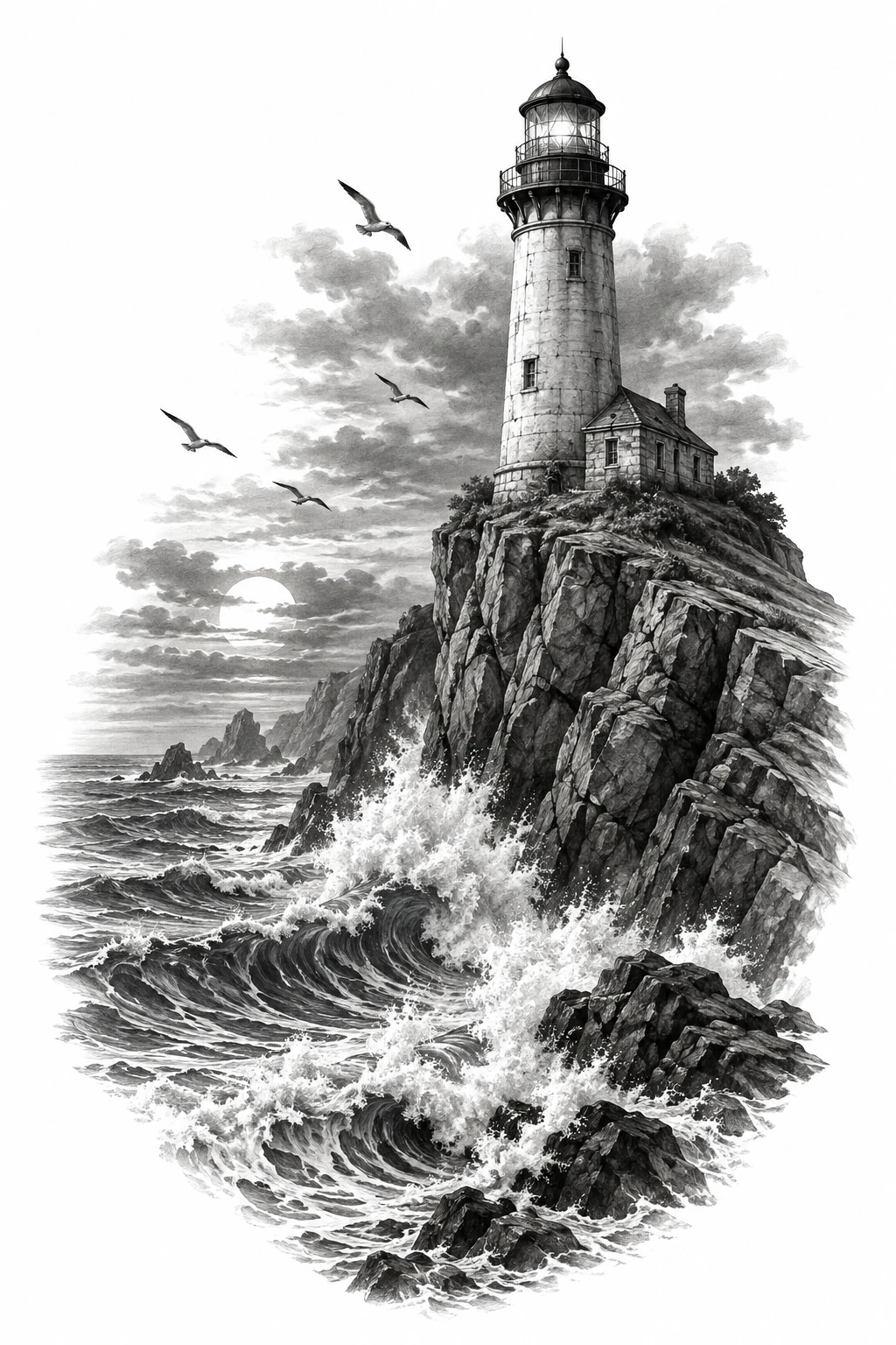 Desenho de tatuagem de Farol solitário na falésia, ondas e gaivotas, modelo NR-0657, em preto e cinza.