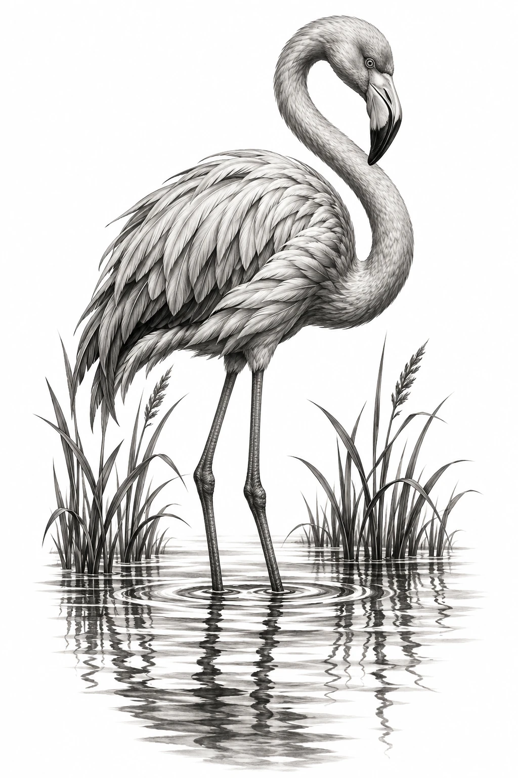 Desenho de tatuagem de Flamingo elegante em águas refletidas, modelo NR-0658, em preto e cinza.