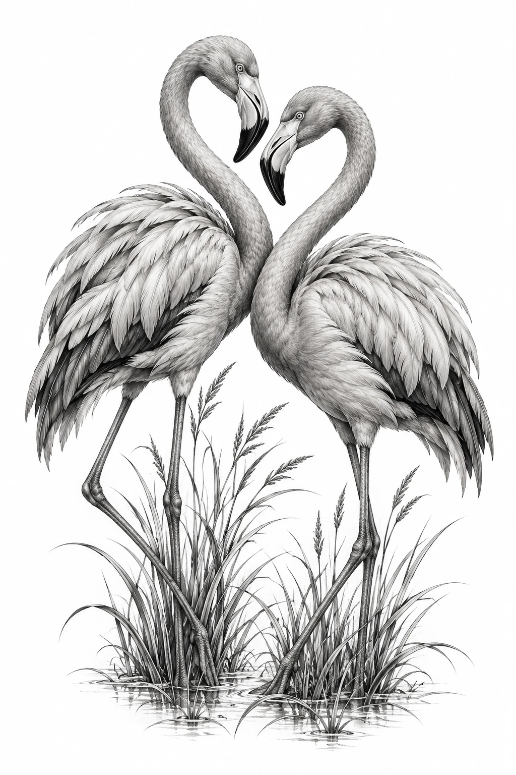 Desenho de tatuagem de Flamingos espelhados entre juncos, modelo NR-0659, em preto e cinza.