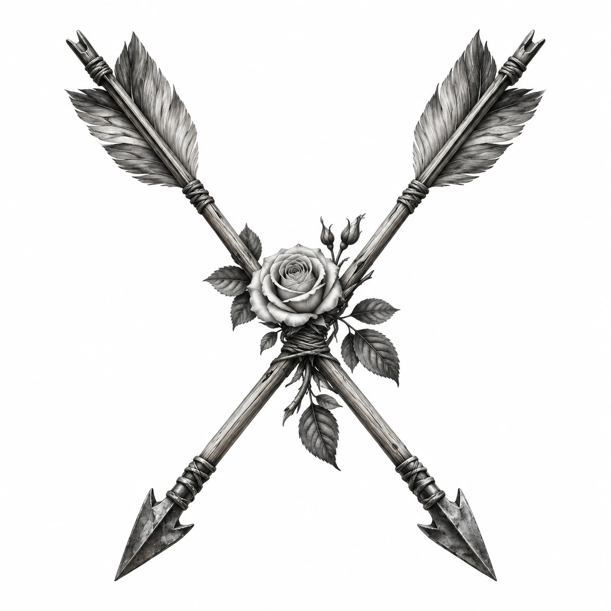 Desenho de tatuagem de Flechas cruzadas com rosa delicada, modelo NR-0660, em preto e cinza.