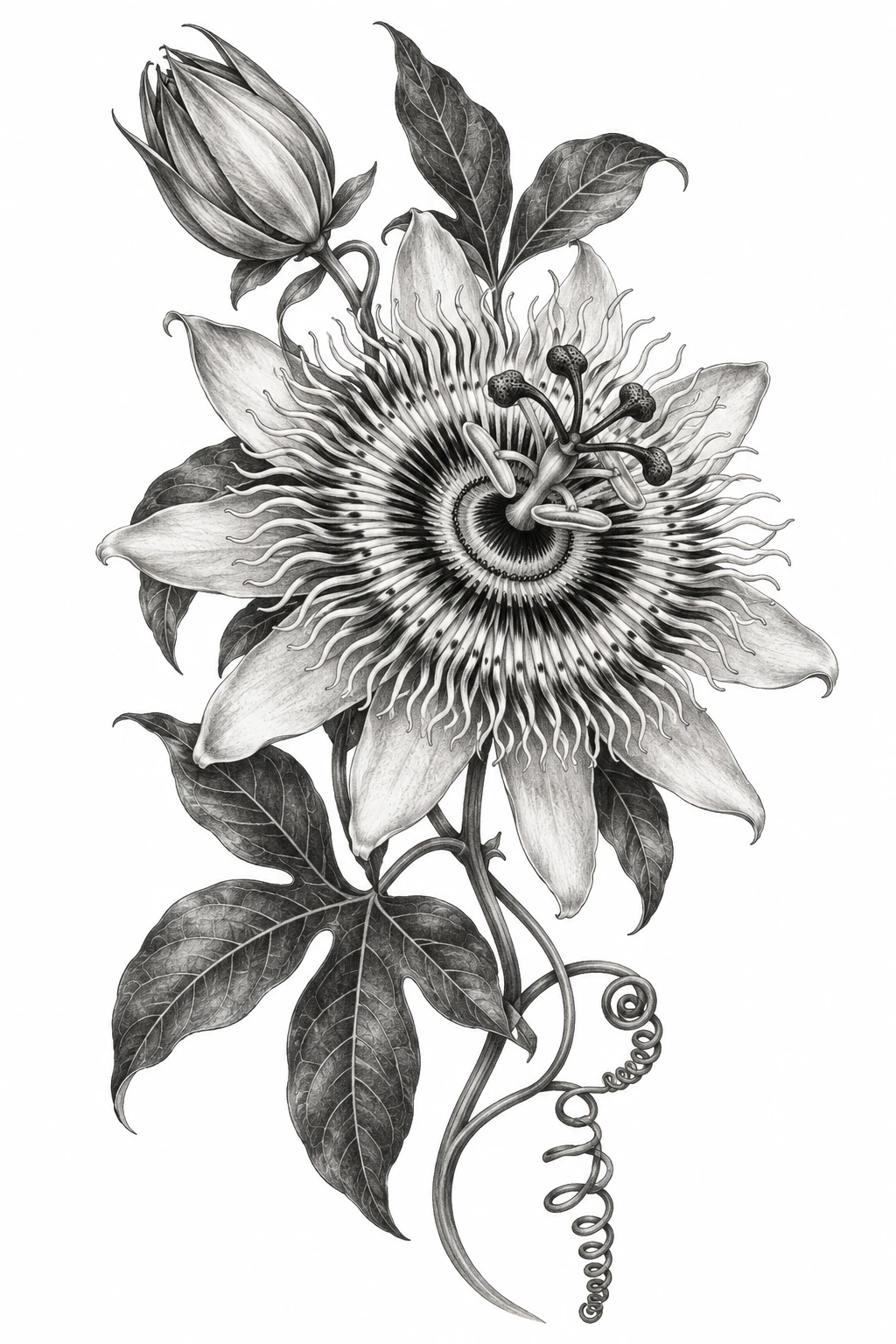 Desenho de tatuagem de Flor de maracujá em traço fino, modelo NR-0661, em preto e cinza.