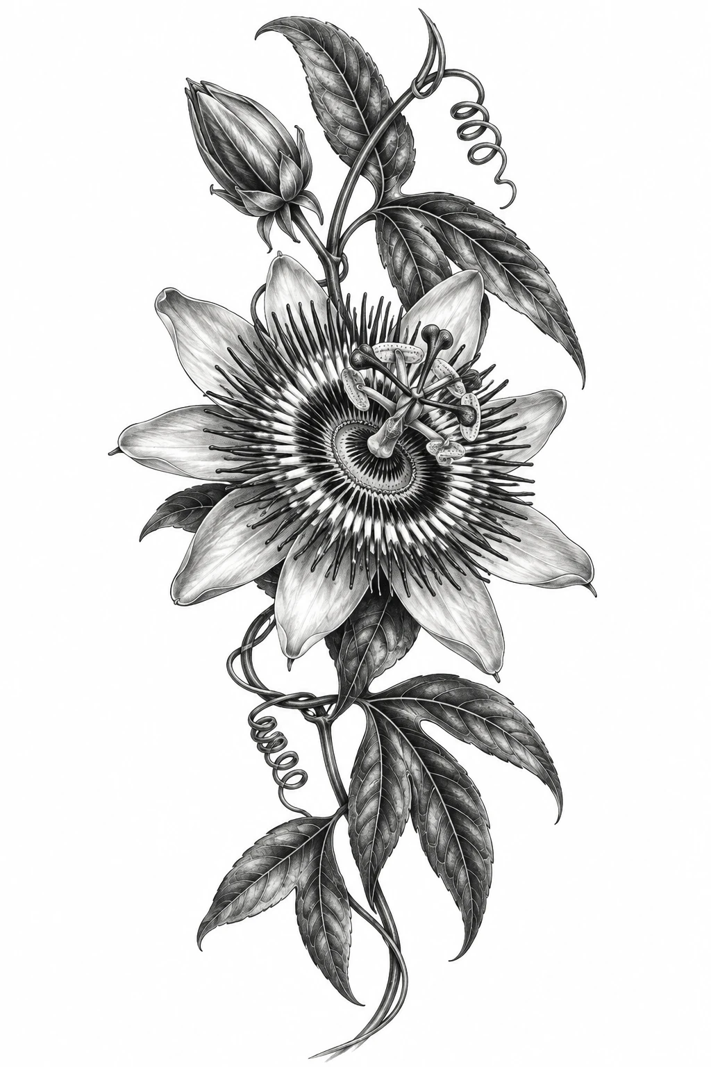Desenho de tatuagem de Flor-da-paixão realista em preto e cinza, modelo NR-0662, em preto e cinza.