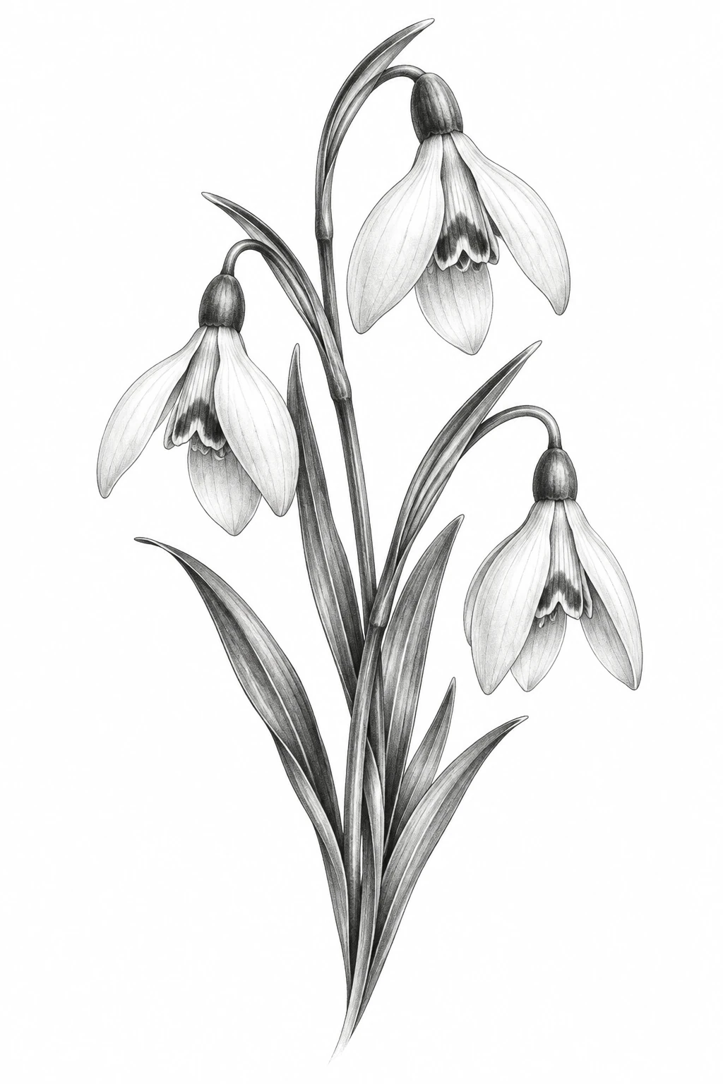Desenho de tatuagem de Flores de neve em traço fino, modelo NR-0663, em preto e cinza.