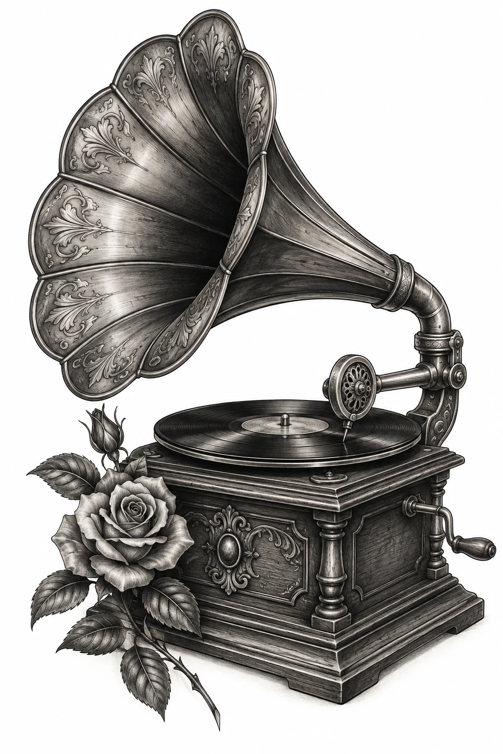 Desenho de tatuagem de Fonógrafo antigo com rosa delicada, modelo NR-0664, em preto e cinza.
