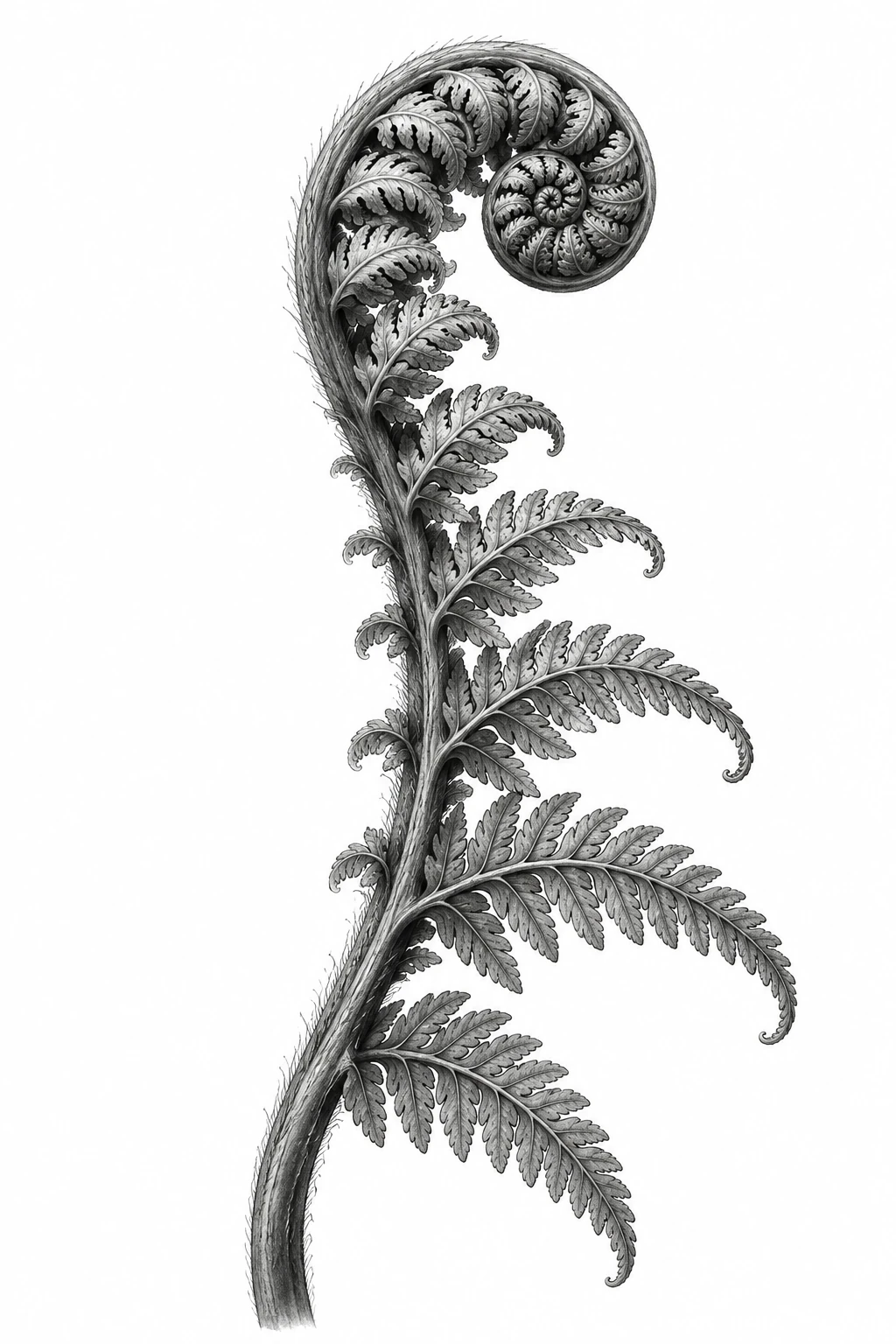 Desenho de tatuagem de Fronda de samambaia em espiral, modelo NR-0665, em preto e cinza.