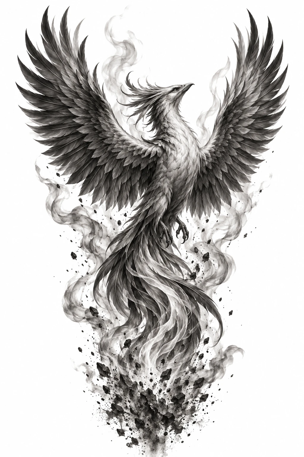 Desenho de tatuagem de Fênix ascendente entre cinzas e fumaça, modelo NR-0667, em preto e cinza.