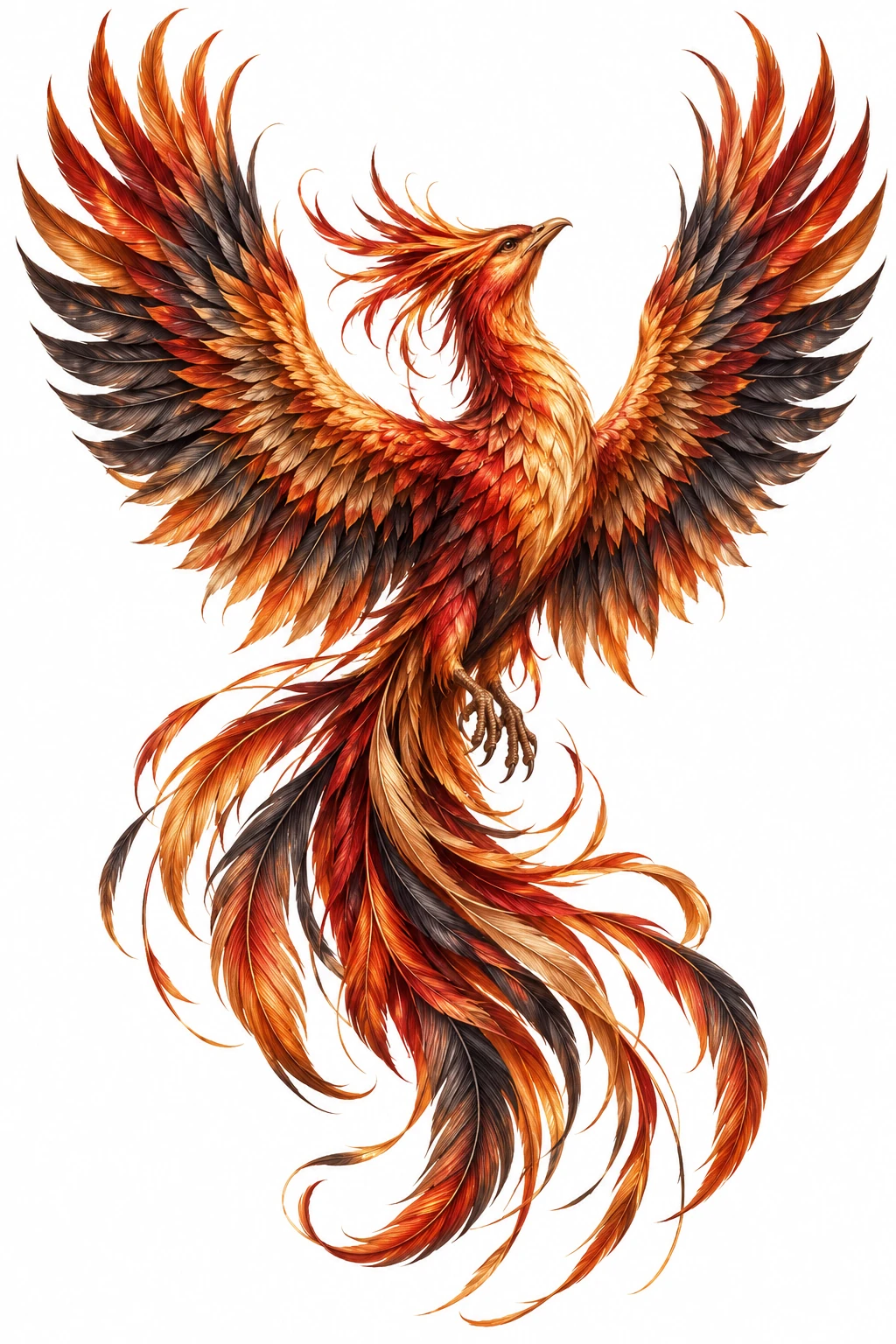Desenho de tatuagem de Fênix em ascensão graciosa, modelo NR-0668, em preto e cinza.