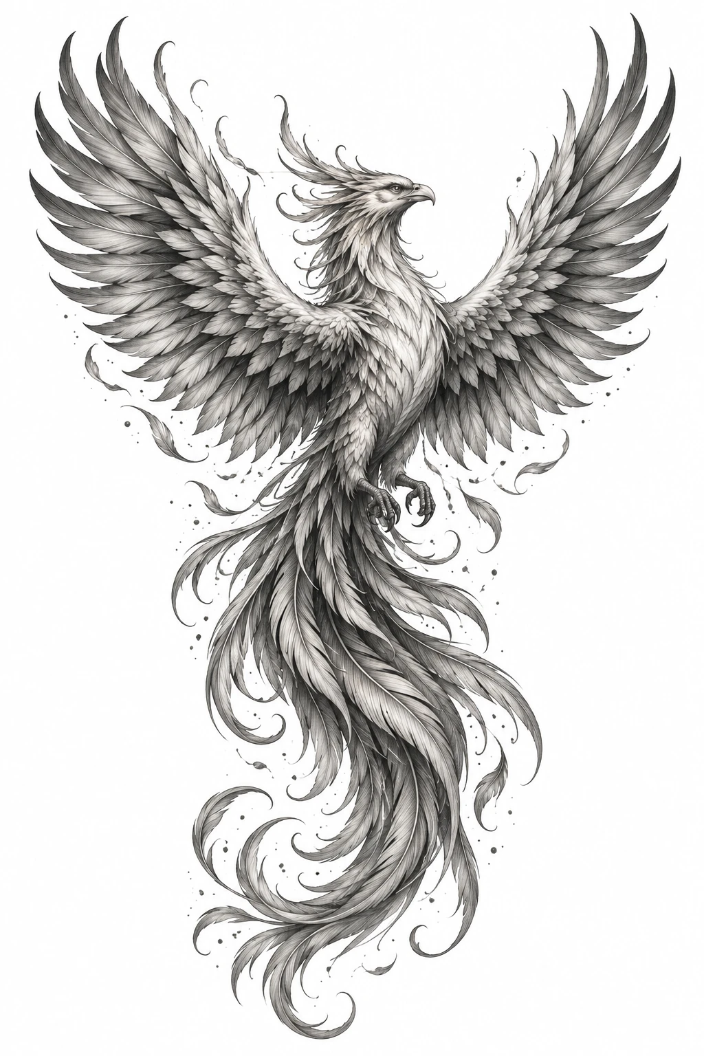 Desenho de tatuagem de Fênix majestosa com asas abertas, modelo NR-0669, em preto e cinza.